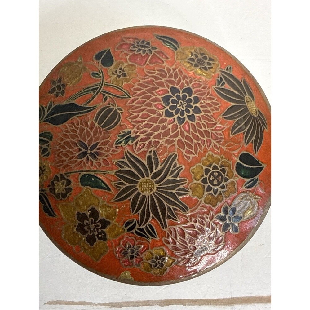 Vintage Indian Brass Enamel Floral Trinket Box Round Lidded Jewelry Dish